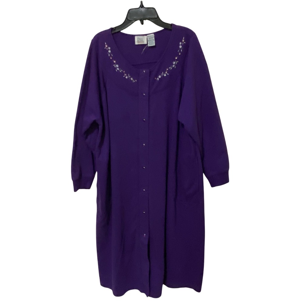 Vintage 80s Pearl Snap Granny Robe Housecoat 1X Purple Bold Color Flowers Modest